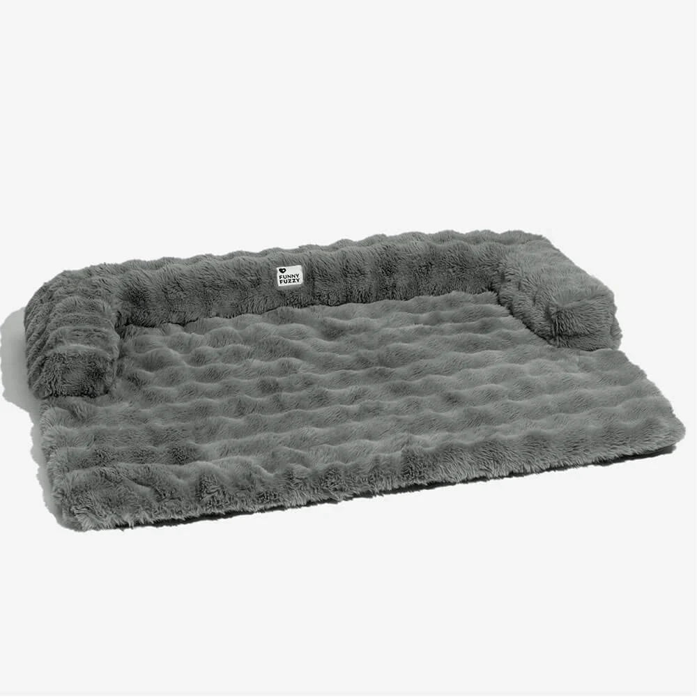 Dunkelgraues flauschiges Hundebett mit hohem Rand und Sofaschutz, beruhigend & bequem.