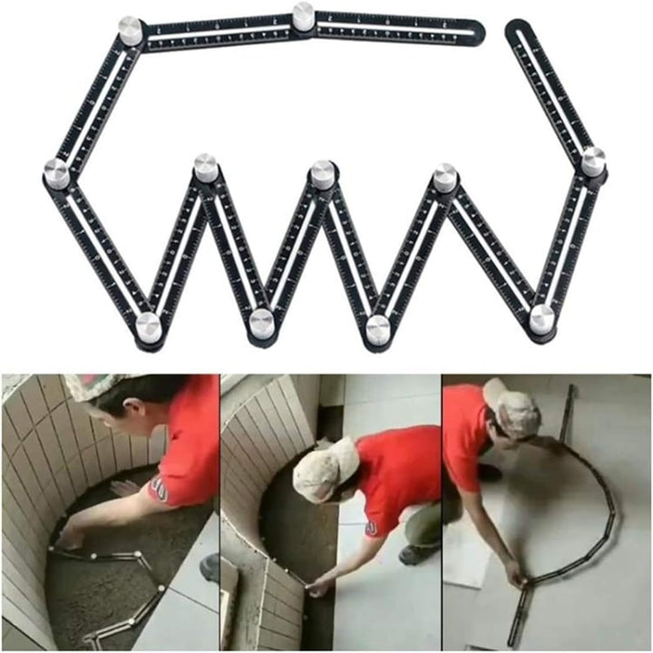Heimwerker kopiert komplexe Formen exakt mit dem FlexiAnglePro Multi-Winkel-Messwerkzeug für Bauprojekte.