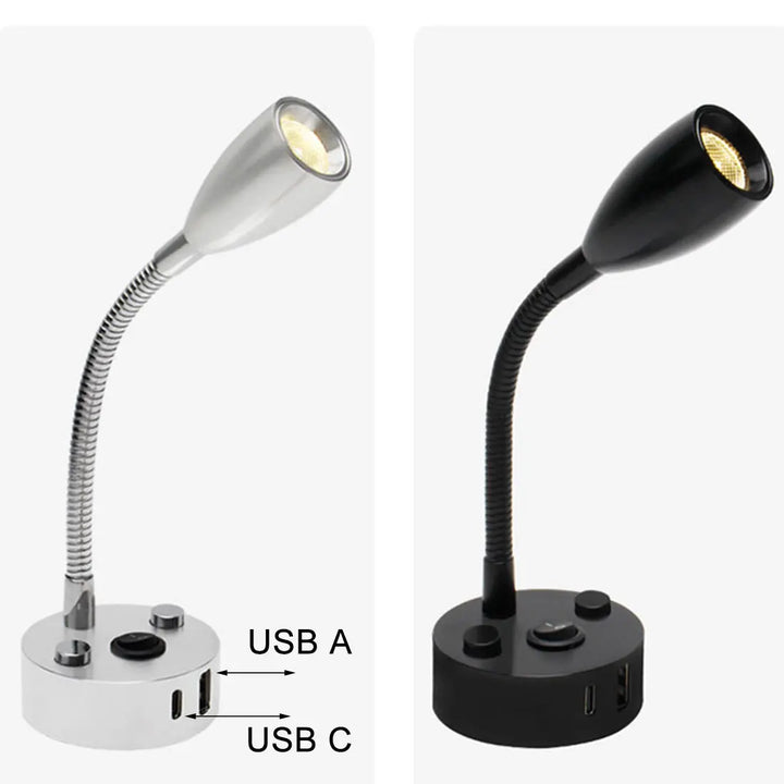 FlexiBeam RV LED Leselampe mit Schwanenhals und USB-C für Wohnmobil. Perfekte Innenbeleuchtung 12V/24V.