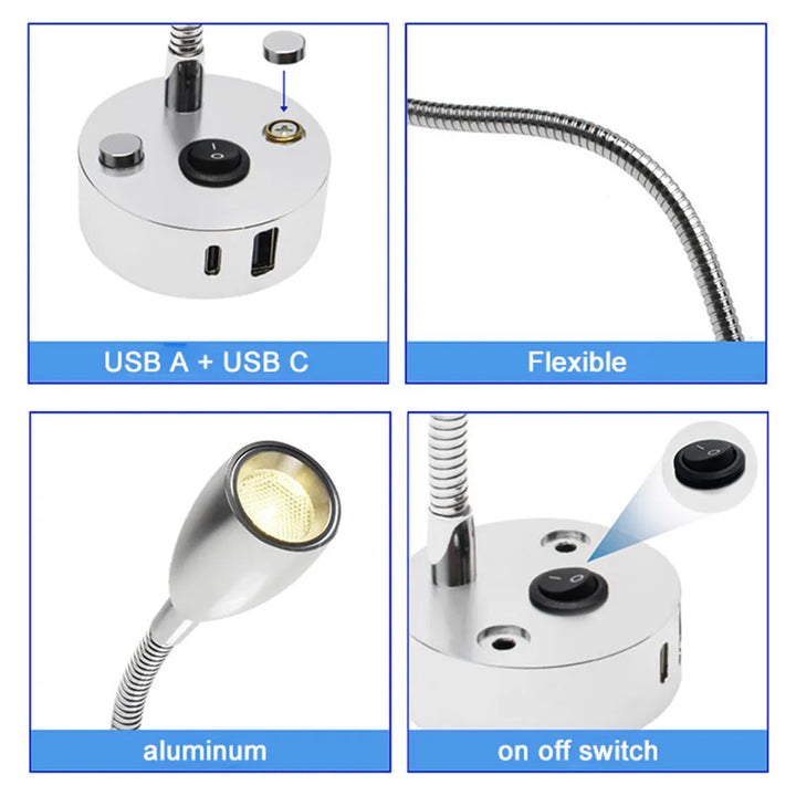 Nahaufnahme der FlexiBeam LED Leselampe: klares, augenschonendes Licht für Wohnmobil, 12V/24V.