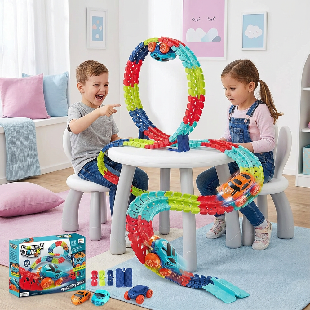 Buntes Anti-Schwerkraft Rennbahn Spielzeug Set für Kinder: flexible Schienen, Rennautos & Zubehör.