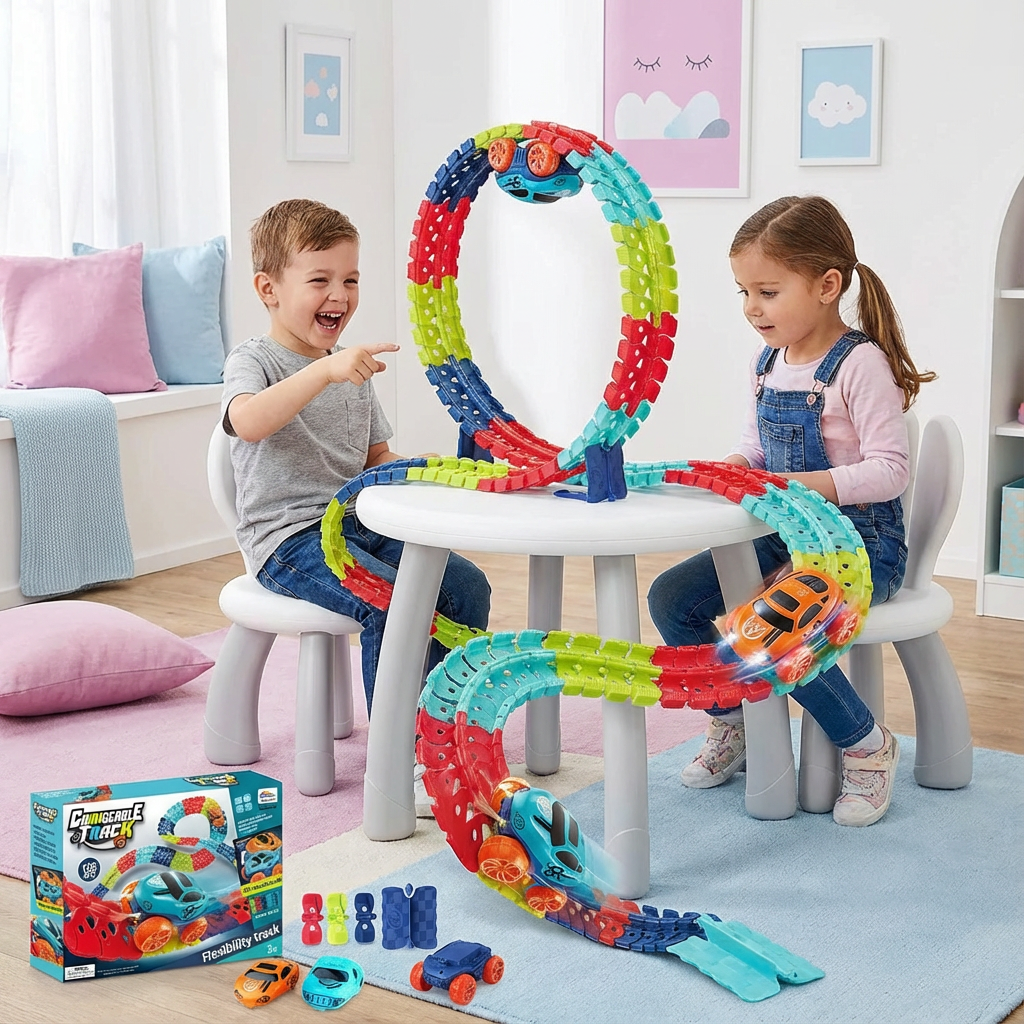 Buntes Anti-Schwerkraft Rennbahn Spielzeug Set für Kinder: flexible Schienen, Rennautos & Zubehör.