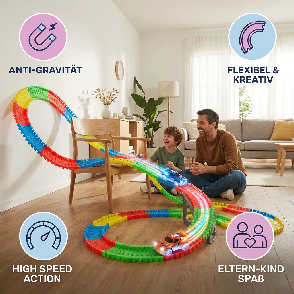 Spannende Anti-Schwerkraft Rennbahn mit Loopings & Rennautos; flexibles Spielzeug für Kinder & Abenteuer.