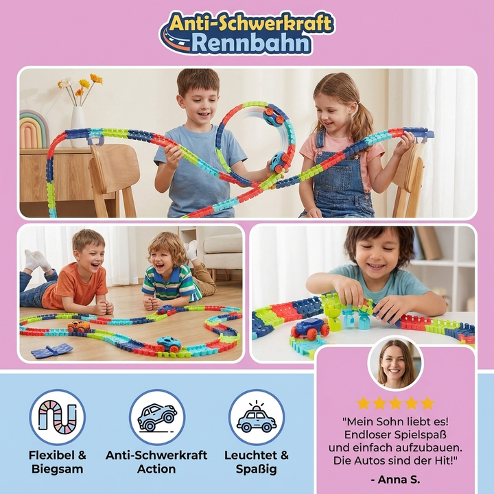 Kreative Anti-Schwerkraft Rennbahn für Kinder, inkl. Rennautos, Schienen & Loopings; perfektes Geschenk.