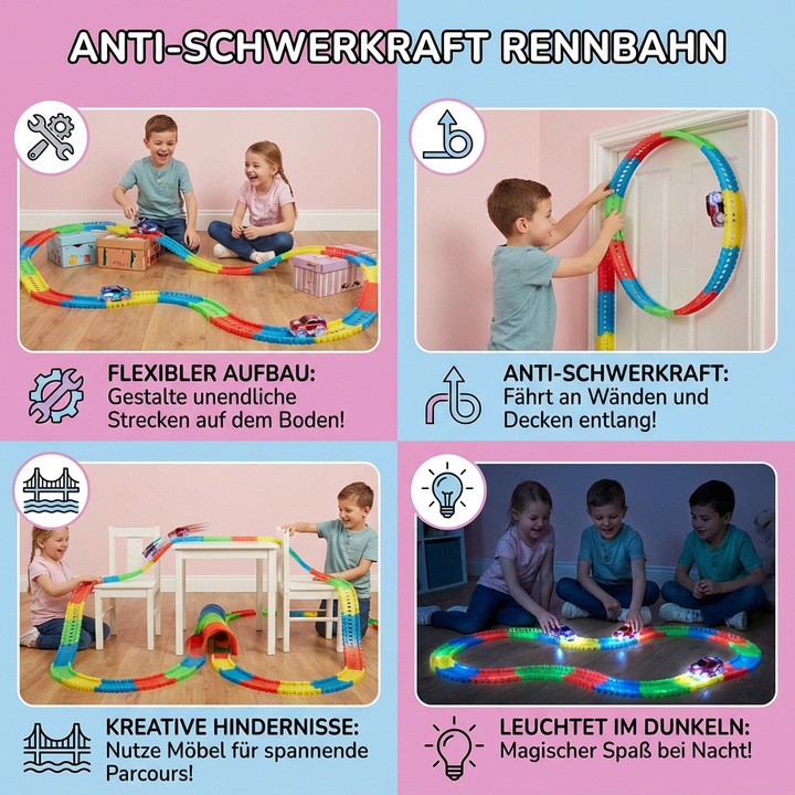 Anti-Schwerkraft Rennbahn mit flexiblen Schienen & Rennautos, die Loopings fahren; tolles Kinder Spielzeug.
