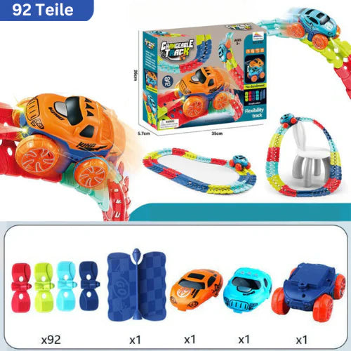 Dynamische Anti-Schwerkraft Spielzeug Rennbahn für Kinder mit leuchtenden Rennautos & flexiblen Bahnen.