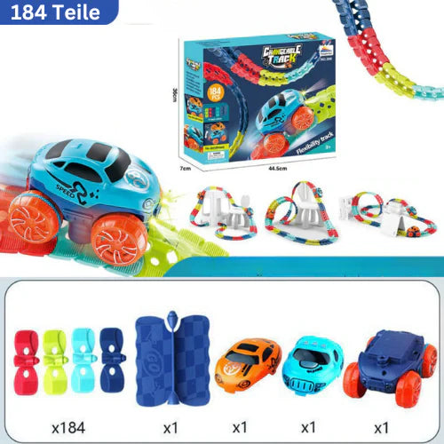 Vielseitige Anti-Schwerkraft Rennbahn für Kinder; flexible Schienen, Rennautos und unendlich viele Bauoptionen.