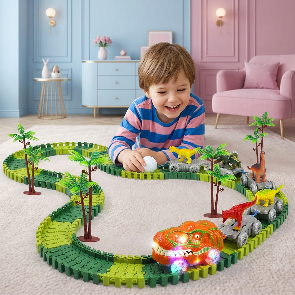 Flexible Dinosaurier Rennbahn Set für Kinder mit Leuchtzug und Dino-Figuren. Fördert Kreativität & Motorik.