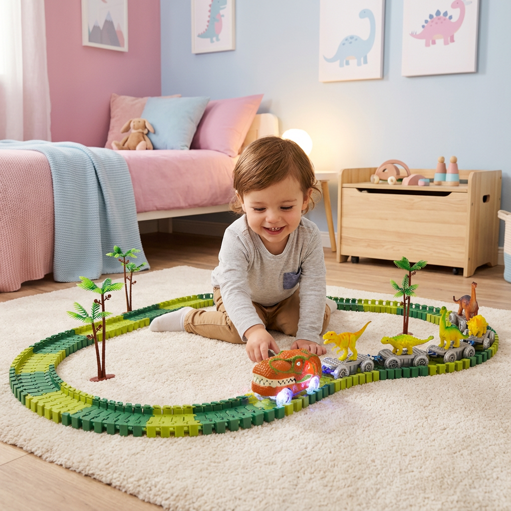 Biegsame Dinosaurier Rennbahn für Kinder, individuell anpassbar, mit leuchtendem Zug. Ideales Motorik-Spielzeug.