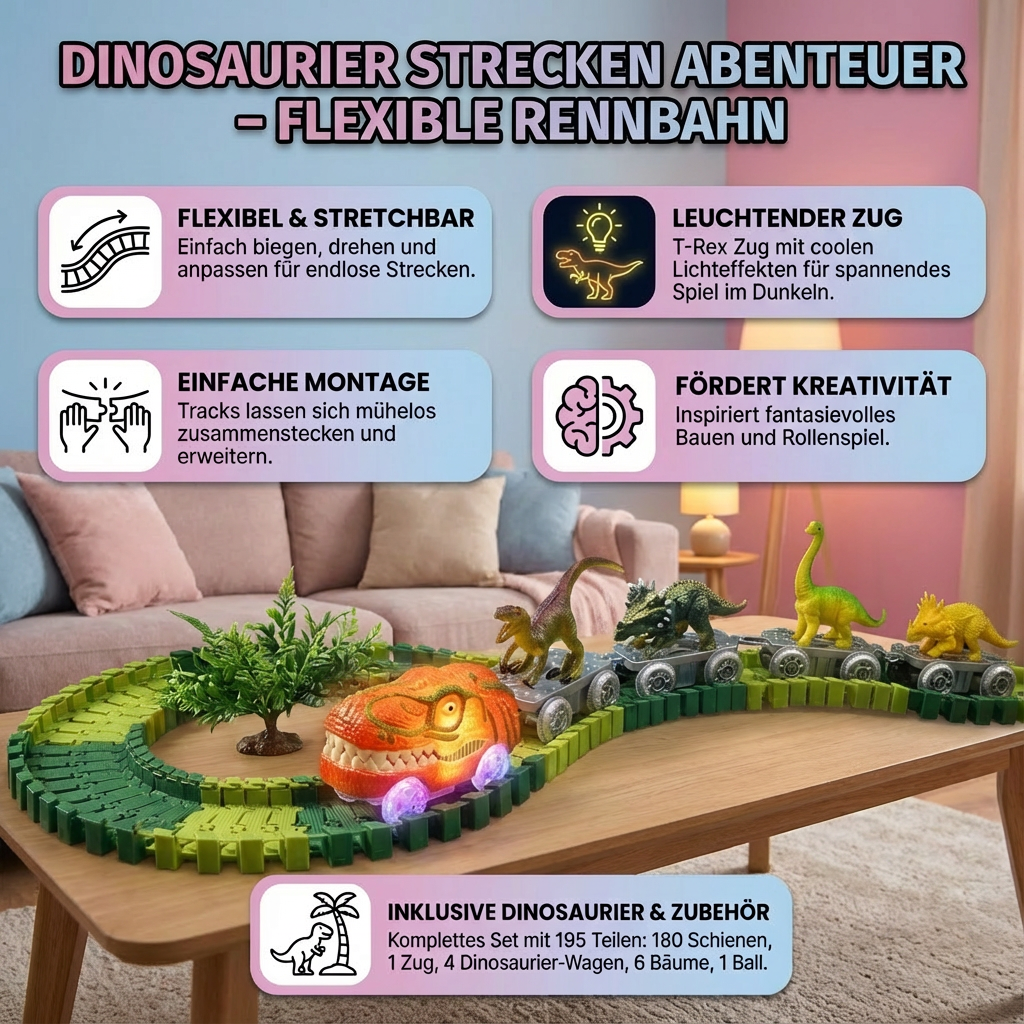 Leuchtender Zug fährt auf flexibler Dinosaurier Rennbahn; spannendes Spielzeug für Kinder, fördert Dino Abenteuer.