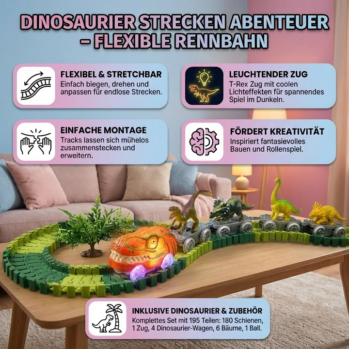 Leuchtender Zug fährt auf flexibler Dinosaurier Rennbahn; spannendes Spielzeug für Kinder, fördert Dino Abenteuer.