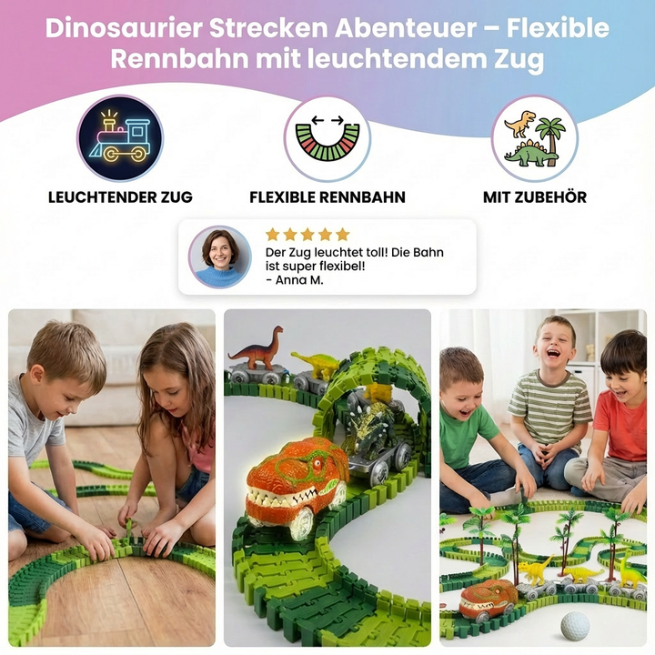Kinder-Spielzeug: Dinosaurier Rennbahn Set mit Dinos und flexiblem Schienensystem. Für spannende Dino Abenteuer.