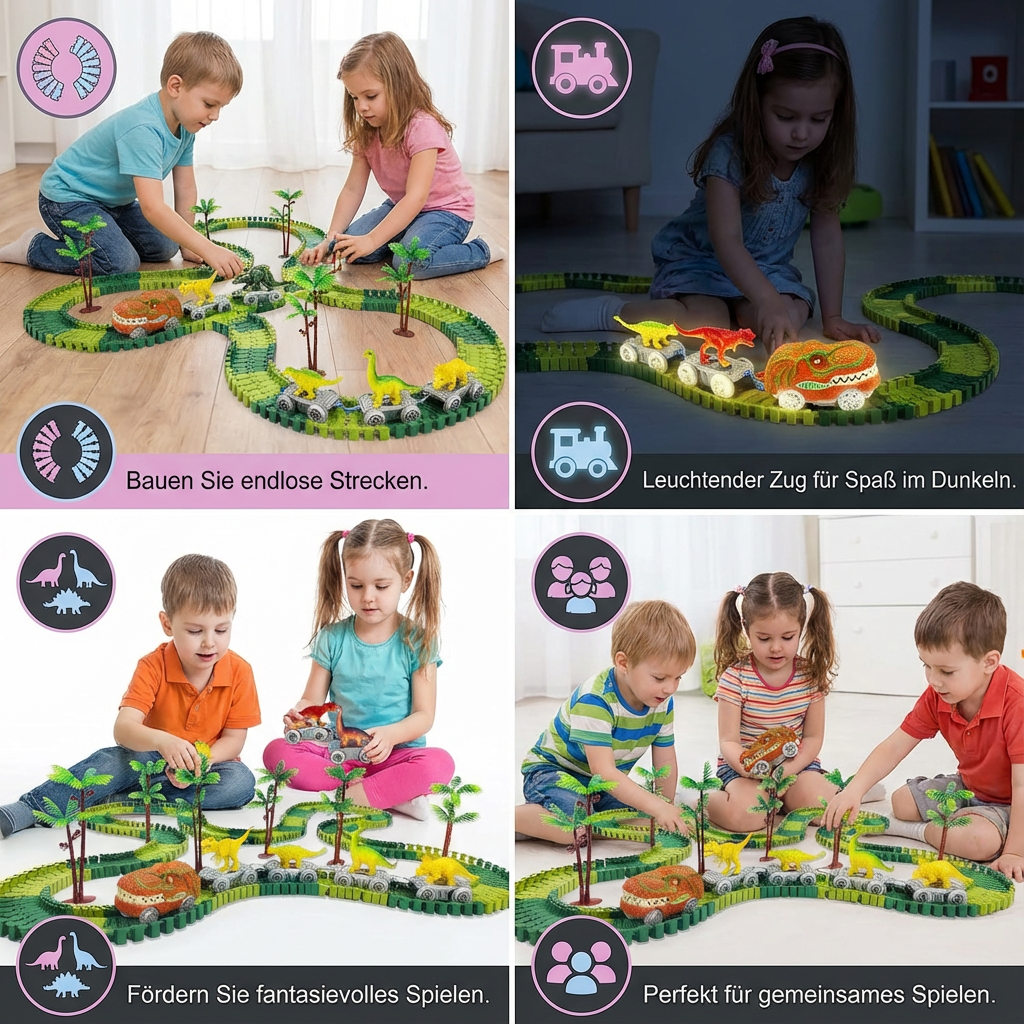 Kreatives Dinosaurier Rennbahn Set, flexibel aufbaubar, mit Leuchtzug. Fördert Motorik & Vorstellungskraft bei Kindern.