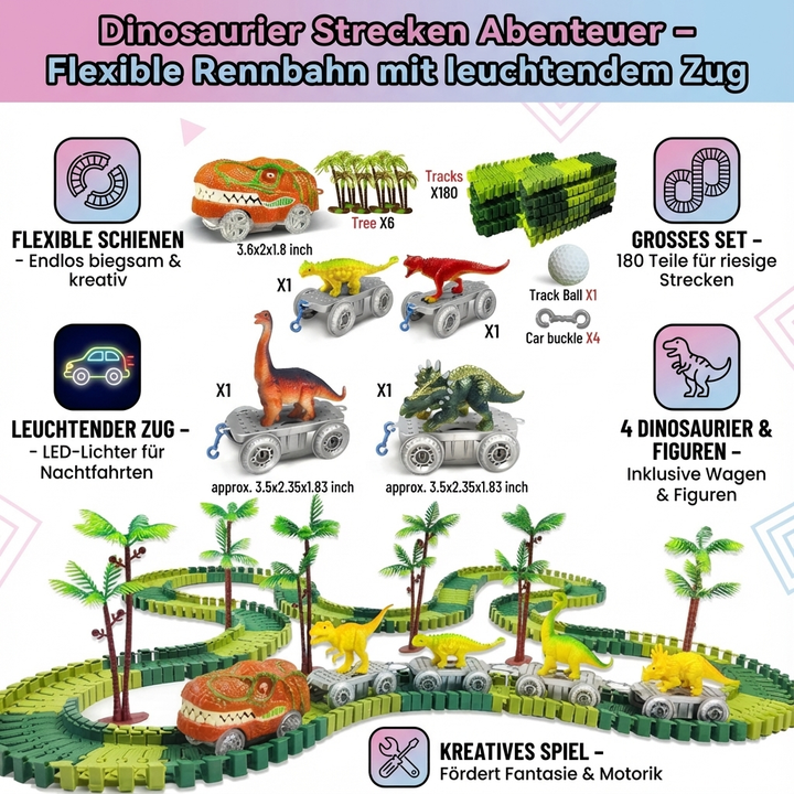 Detaillierte Ansicht des Kinder Dinosaurier Rennbahn Sets mit flexiblen Schienen, Leuchtzug & Deko-Dinos.