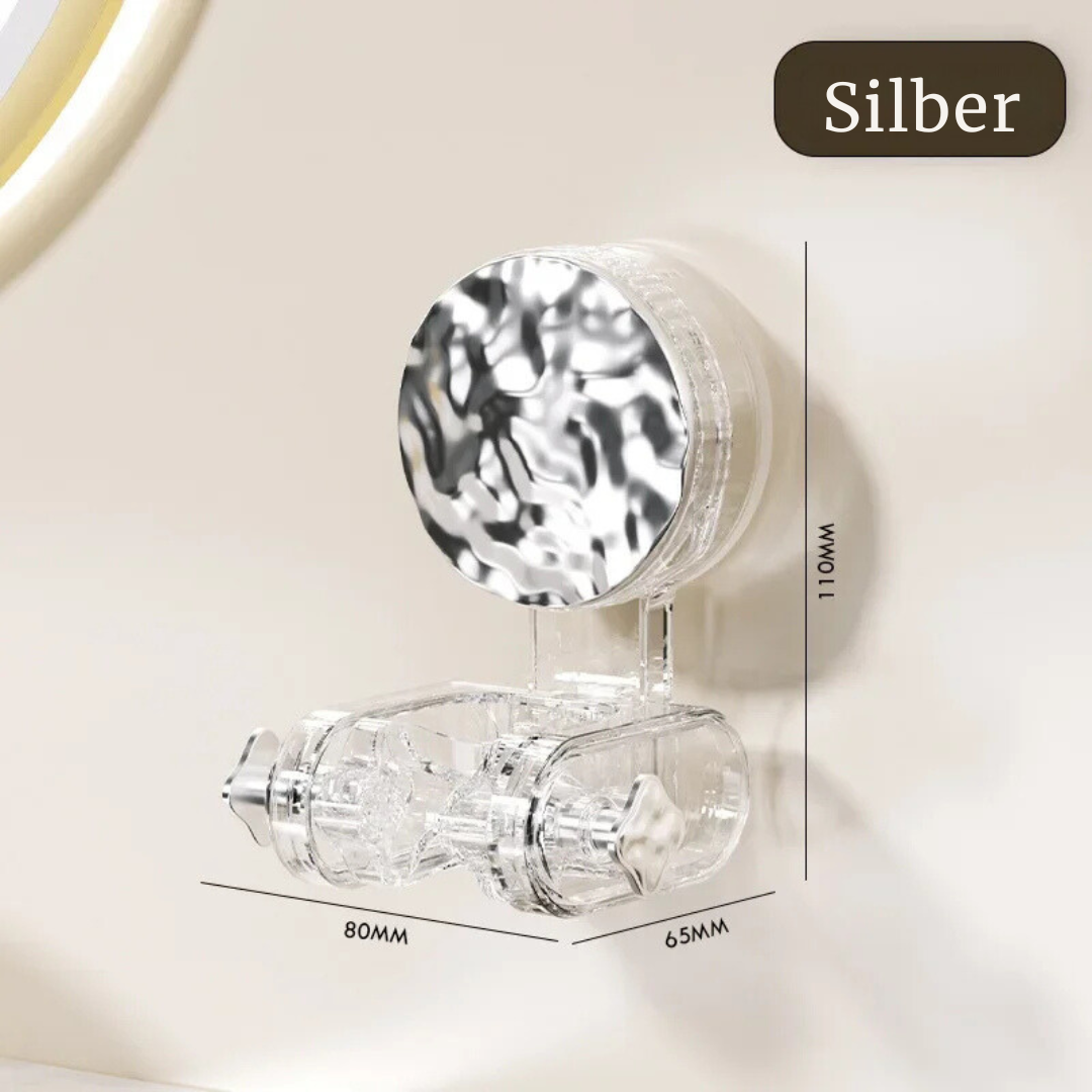 Grau-silberne, flexible Duschhalterung, bohrfrei und verstellbar, ideal für jeden Duschbereich.
