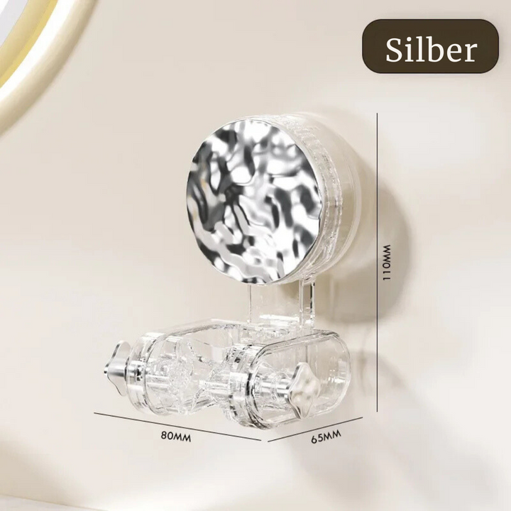 Grau-silberne, flexible Duschhalterung, bohrfrei und verstellbar, ideal für jeden Duschbereich.