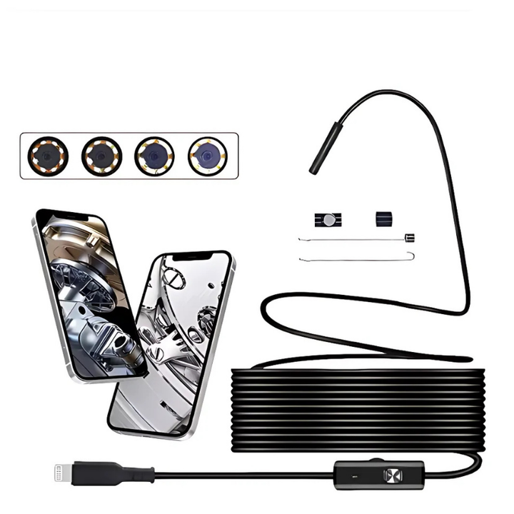 Hochauflösende Endoskopkamera mit flexiblem Kabel und LEDs für Inspektionen in dunklen Nischen und Hohlräumen.