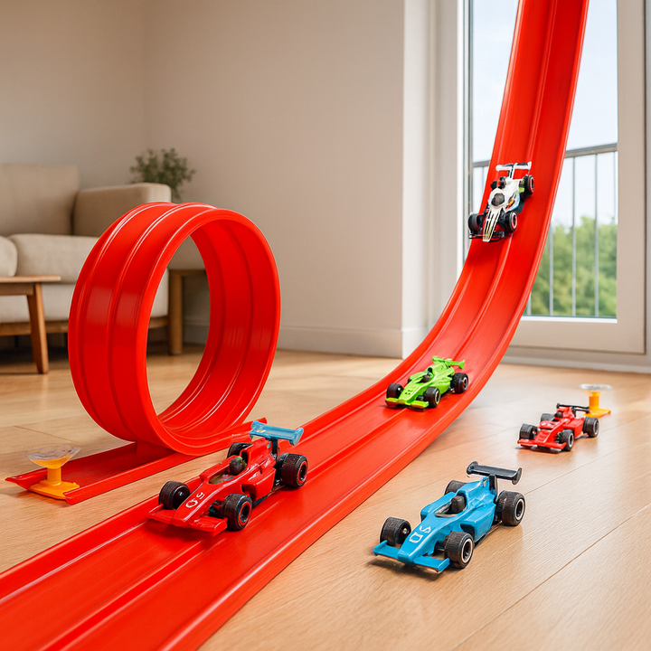 Flexible Kinder-Rennbahn aus bunten Teilen, fördert Kreativität & Motorik beim Spielen. Ideal für Autos.