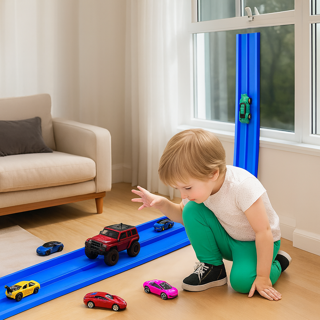 Flexible Rennbahn für Kinder mit Saugnäpfen, hält auf glatten Flächen für stabilen Bau-Spaß. Fördert Kreativität.