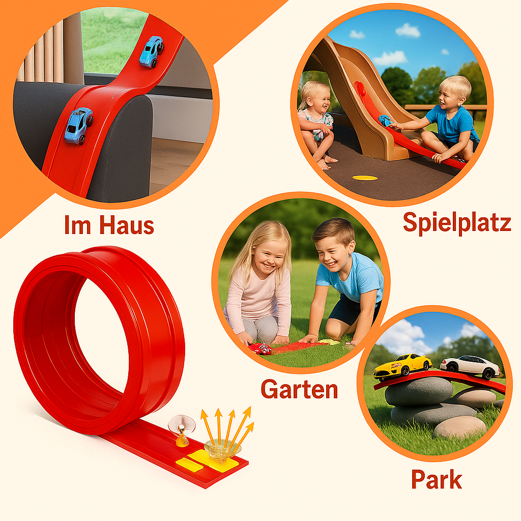 Spannende flexible Rennbahn für Kinder, DIY-Autobahn bauen, fördert Kreativität, Motorik & Geschicklichkeit. Lernspielzeug.