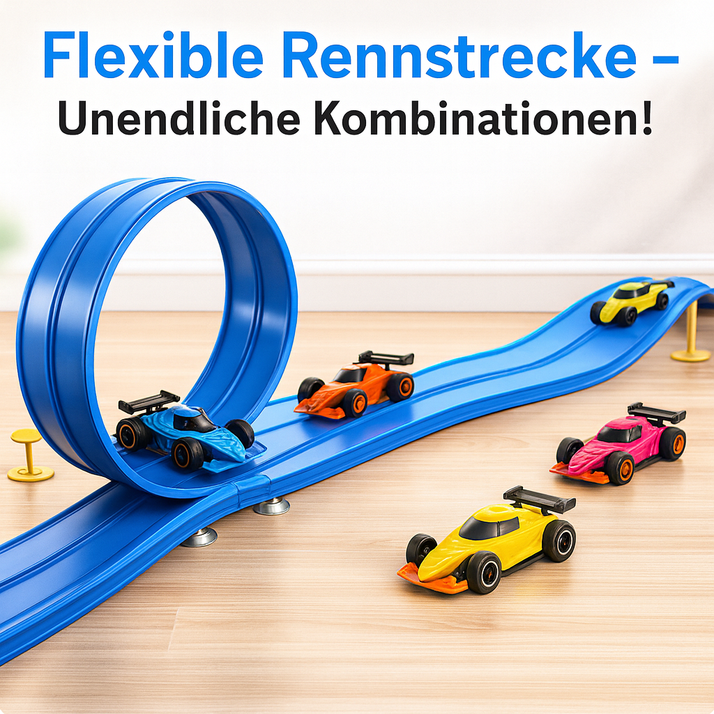 Bunte, flexible Rennbahn mit Saugnäpfen für Kinder; perfekt zum Bauen eigener Strecken. Kreatives Lernspielzeug.