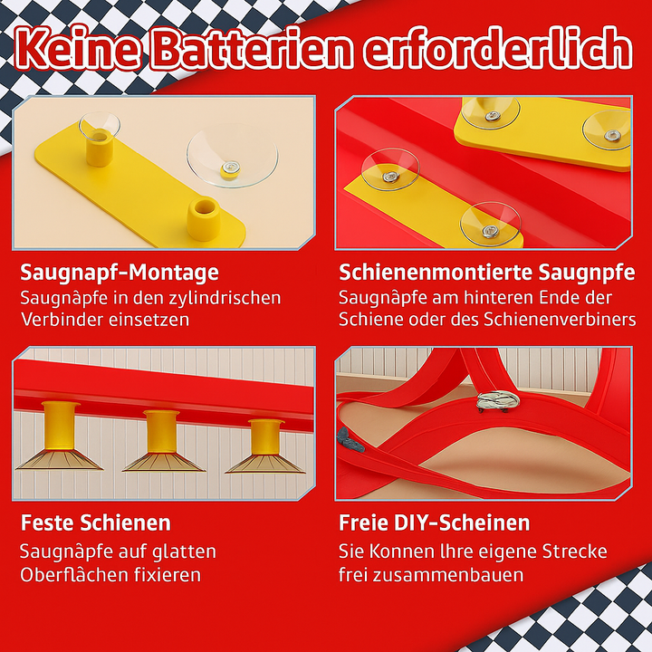 Spielspaß für Kinder: Flexibles Rennbahn-Set mit bunten Teilen, Autos fahren auf selbstgebauten, kreativen Strecken.
