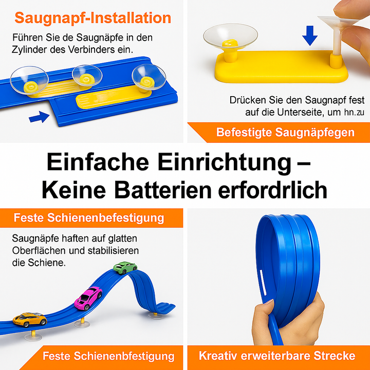 Geschenkidee: Kreative, flexible Rennbahn für Kinder; fördert Bauen, Motorik und fantasievolles Spiel im Innenbereich.