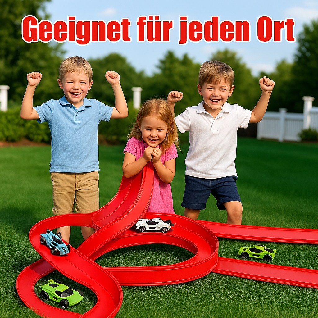 Flexible Rennbahn für Kinder, ideal für stundenlangen Spielspaß im Innenbereich; robust, farbenfroh & modular.