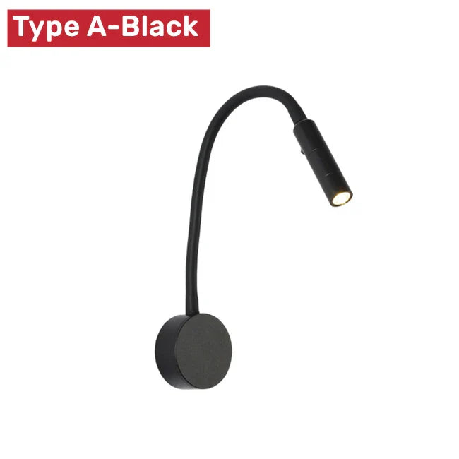 Nahaufnahme der flexiblen LED-Lese-Wandlampe, Beleuchtungskopf in verschiedenen Winkeln einstellbar.