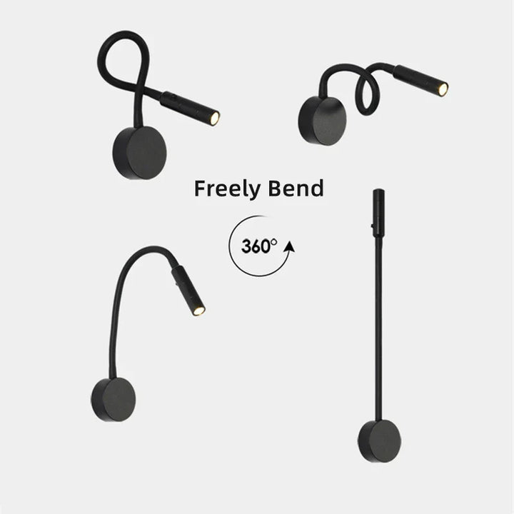 Sleeke flexible LED-Wandleselampe in modernem Design für komfortables Lesen im Bett oder am Schreibtisch.