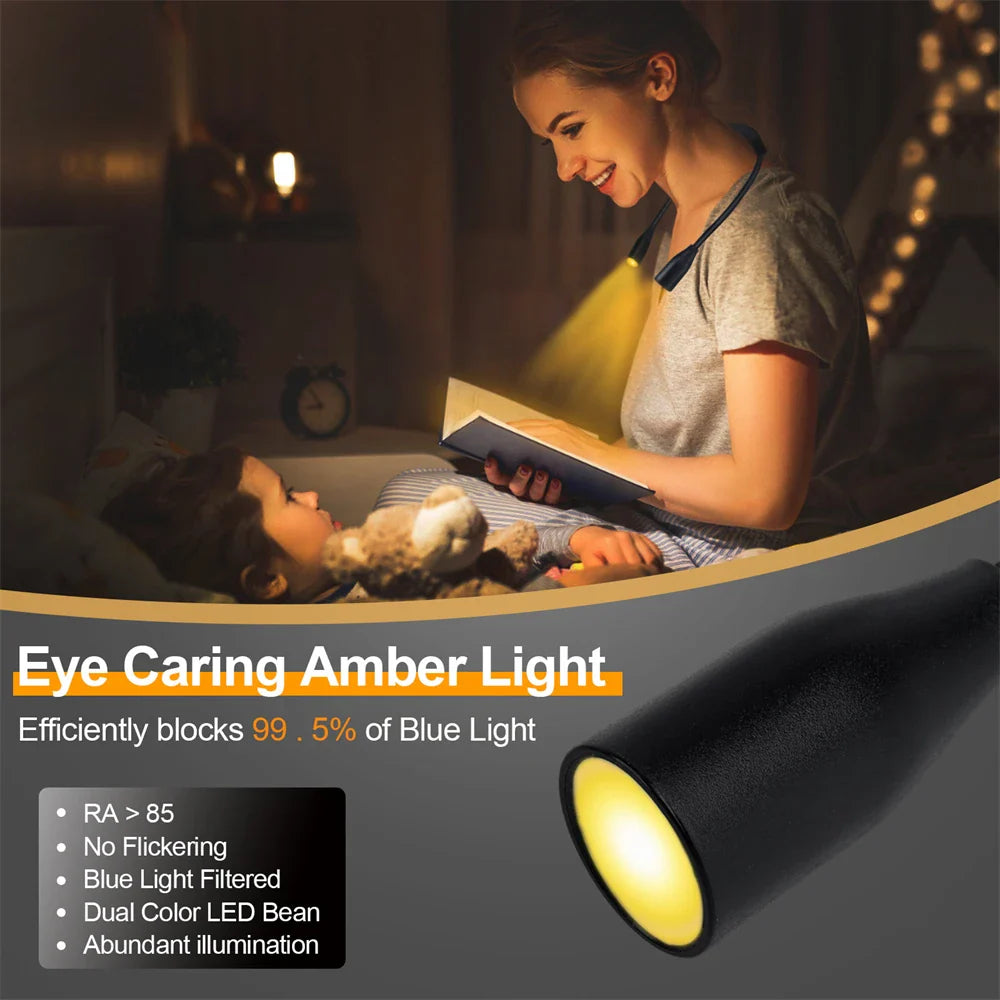 Flexible LED Nackenlampe, USB-aufladbar, ideal als freihändige Leselampe mit dimmbarem Licht für Komfort.