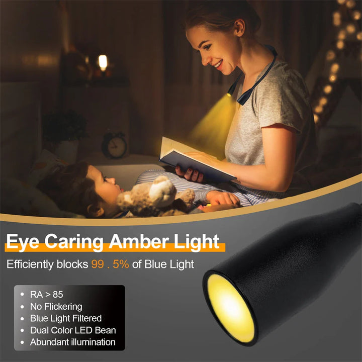 Flexible LED Nackenlampe, USB-aufladbar, ideal als freihändige Leselampe mit dimmbarem Licht für Komfort.