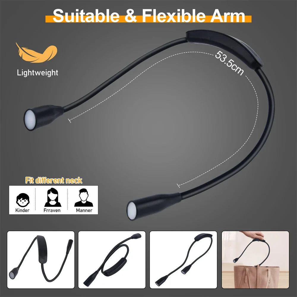 Dimmbare LED Nackenlampe in Schwarz oder Weiß, USB-aufladbar und flexibel für optimale freihändige Beleuchtung.