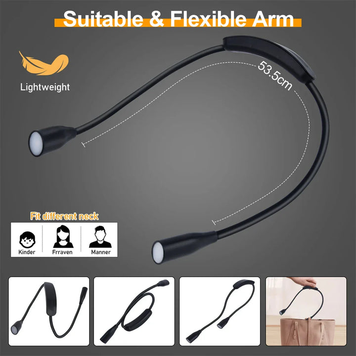 Dimmbare LED Nackenlampe in Schwarz oder Weiß, USB-aufladbar und flexibel für optimale freihändige Beleuchtung.