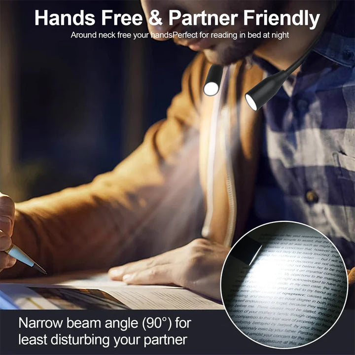 Tragbare LED Leselampe für den Nacken mit einstellbaren Lichtfarben, ideal für Reisen, Outdoor und Camping.
