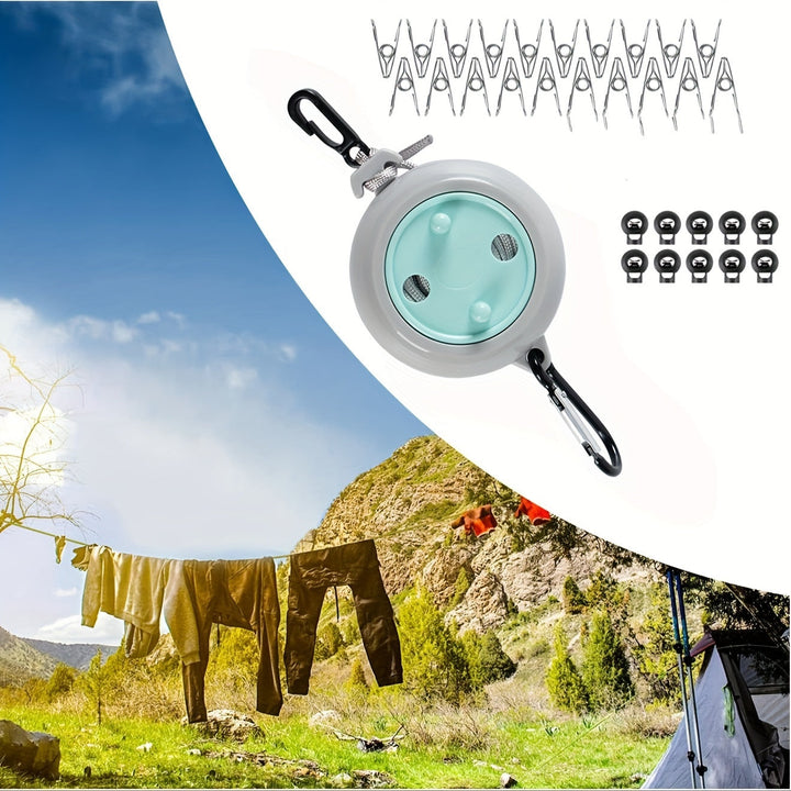 Flexible Reise-Wäscheleine mit Haken für Camping, Outdoor, Urlaub. Leicht, tragbar, ideal zum Kleidung trocknen.