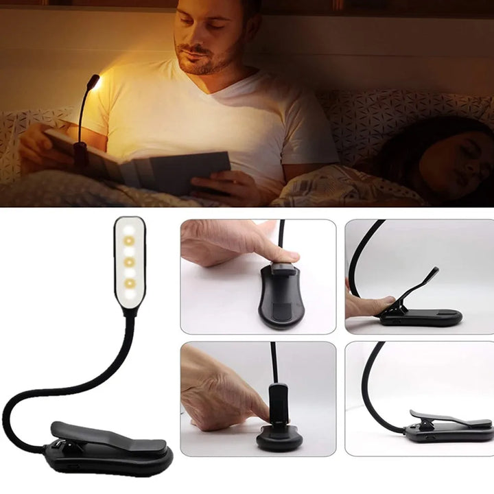 Flexible Klemmlampe mit 7 LEDs und USB-Ladefunktion, augenschonend. Für Nachttisch, Schreibtisch & Lesen. Schwarz.