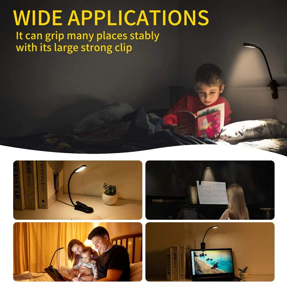 Kompakte, flexible 7 LED USB Leselampe in Weiß, wiederaufladbar. Perfekt als tragbare Buchlampe für unterwegs.