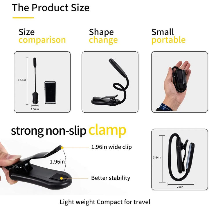 Stabile Klemmlampe mit 7 hellen, augenschonenden LEDs, flexibler Hals. USB-wiederaufladbare schwarze Buchlampe.