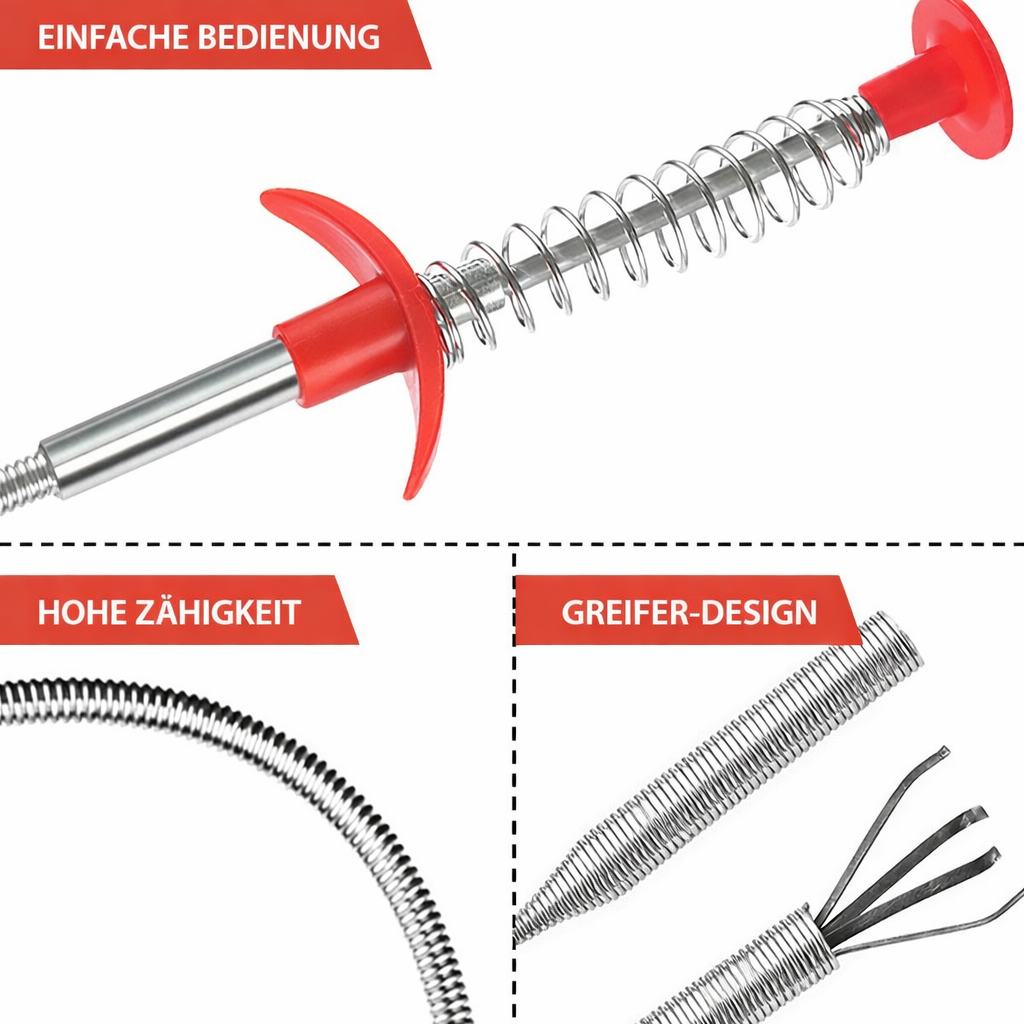 Detaillierte Ansicht des flexiblen Abflussreiniger Hakens. Robuster Kunststoff-Haarentferner für enge Rohre & Abflüsse.