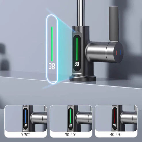 Gebürsteter Edelstahl-Wasserhahn, flexibel, mit klarer Temperaturanzeige für Küche und Bad.