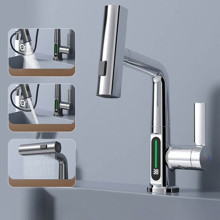 Biegsamer Küchenarmatur aus Edelstahl mit digitaler Temperaturanzeige, ideal für Spüle & Waschbecken.
