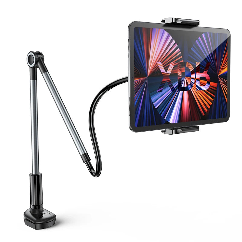 Eleganter schwarzer Aluminium Gerätehalter mit Silikonpads für Schreibtisch; ideal für Telefon & Tablet im Homeoffice.