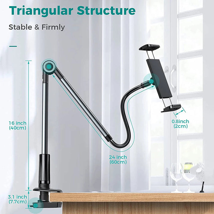 Moderner schwarzer Gerätehalter aus Aluminium & Silikon; flexibel einstellbar für Smartphone & Tablet am Bett oder Schreibtisch.