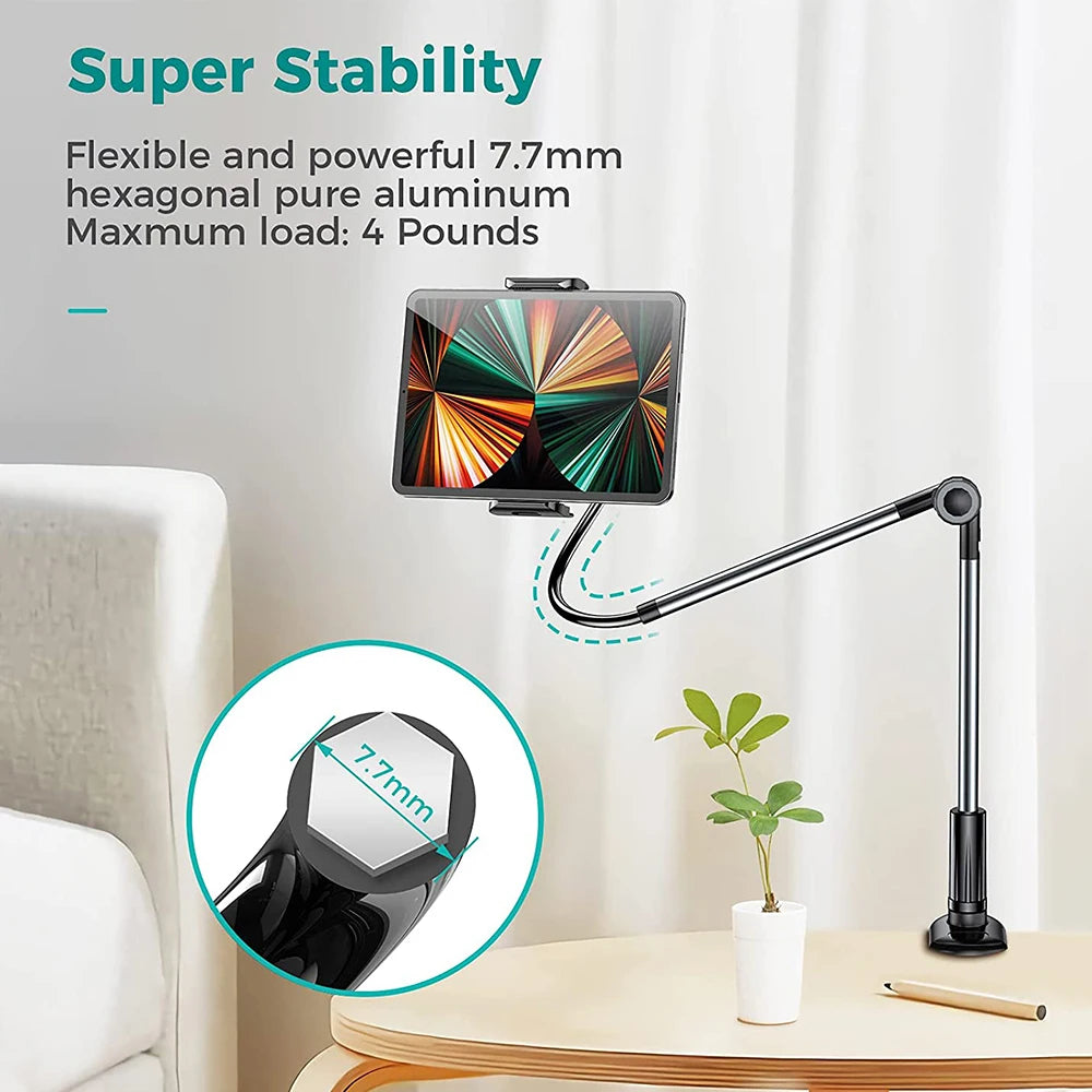 Robuster schwarzer Aluminium Gerätehalter mit Silikonklemme, universell nutzbar am Bett oder Schreibtisch für Handy/Tablet.