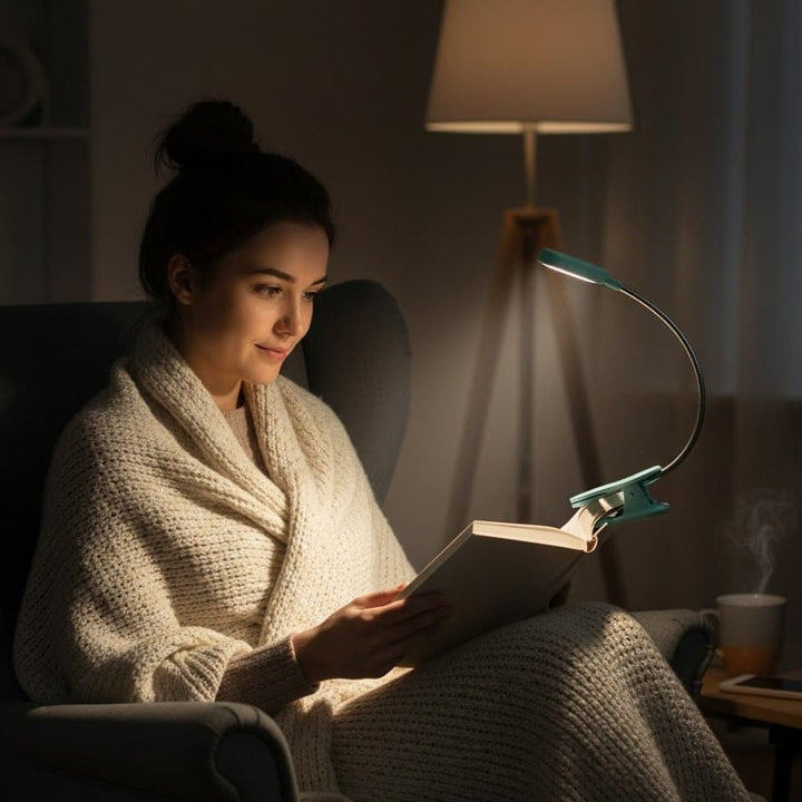 Komfortables Nackenleselicht mit 3 Farbmodi für Bücher, Handarbeit oder als Nachtlicht; flexibel einstellbar.