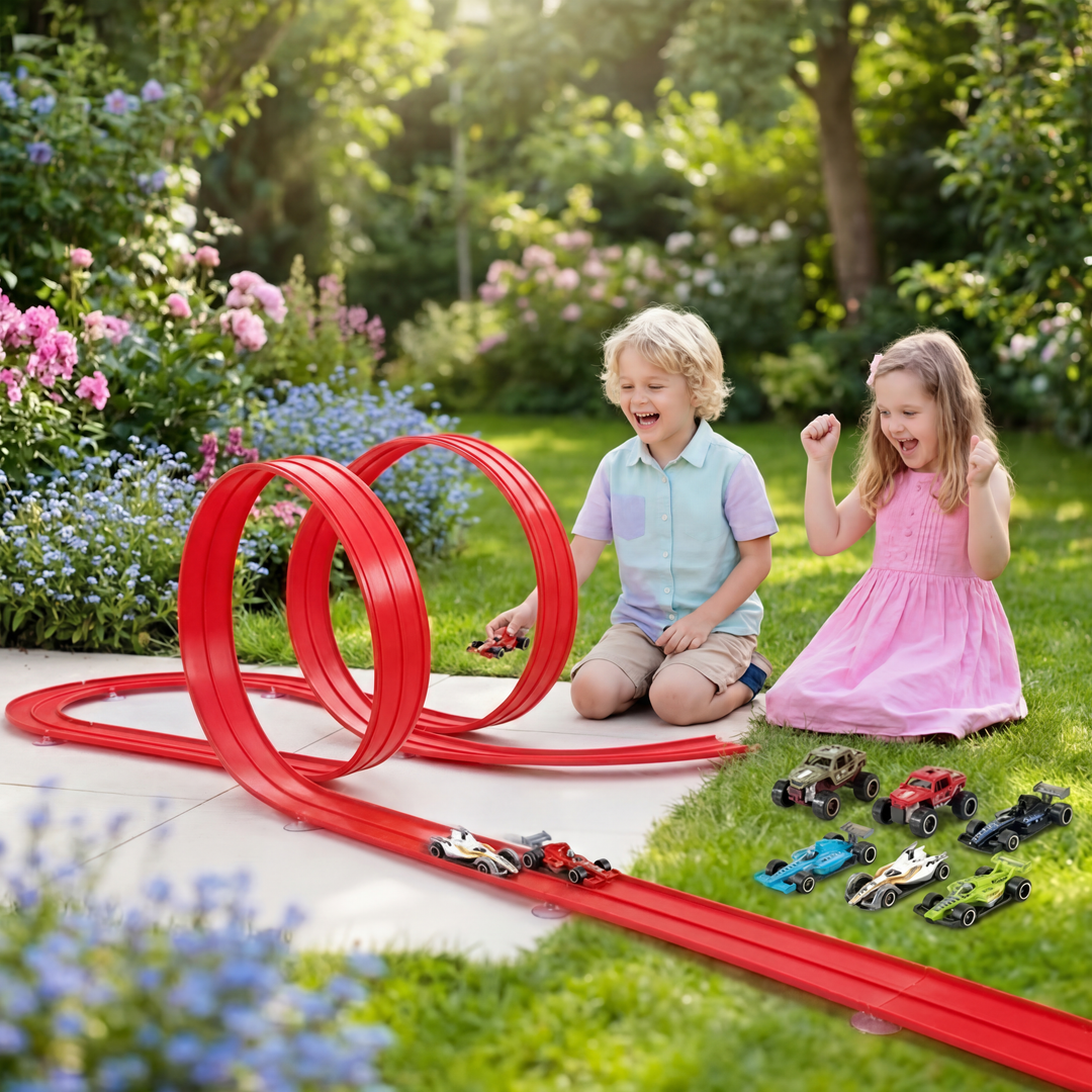Flexibles Rennstrecken Set für Kinder mit leuchtenden Autos; fördert Kreativität & Motorik beim Bau- & Fahrspaß.