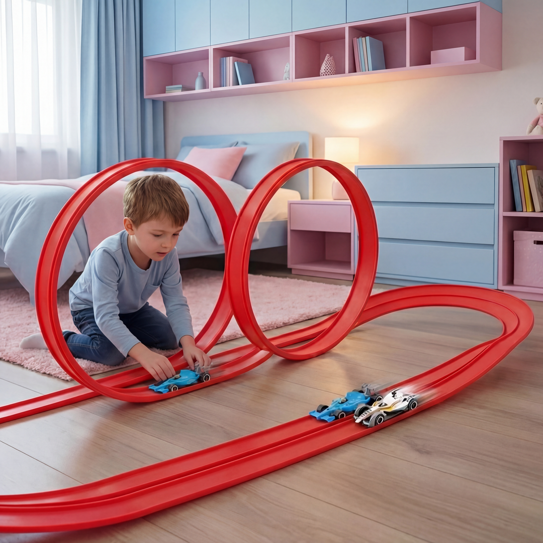 Kinder bauen ihre eigene, kreative Rennstrecke mit flexiblen Schienen; interaktives Spielzeug für Jungen & Mädchen.