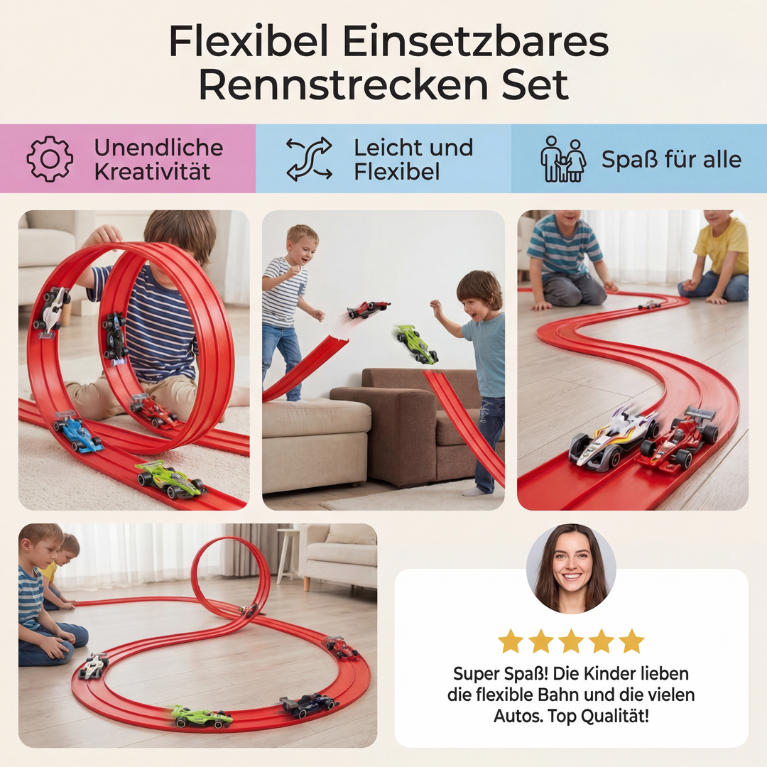 Bunte Rennautos fahren auf der flexiblen Kinder Rennstrecke; dynamischer Bau- & Fahrspaß für begeisterte Kids.