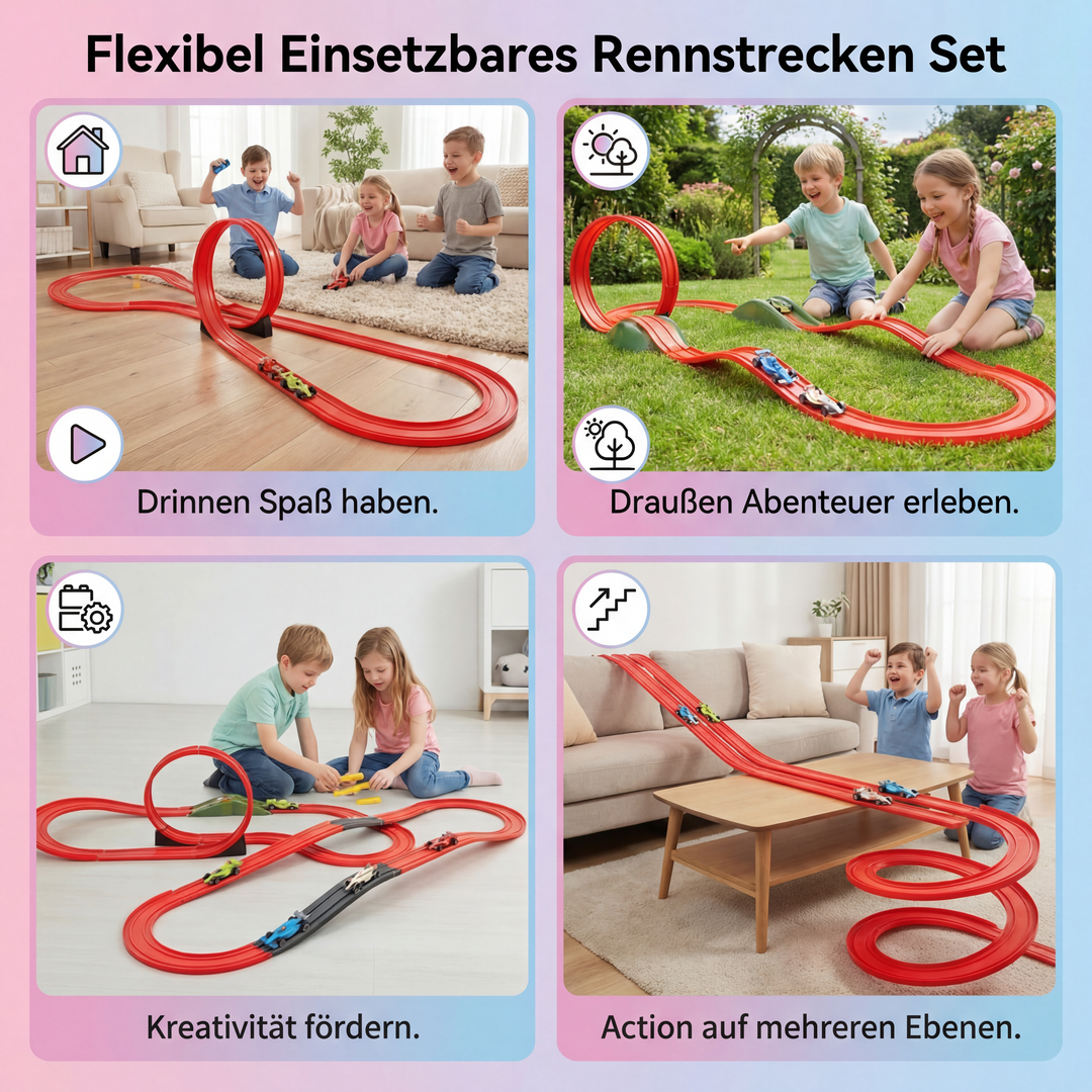 Detailansicht der flexiblen Rennstrecken-Schienen, die Kinder kreativ zusammensetzen; fördert Problemlösung.